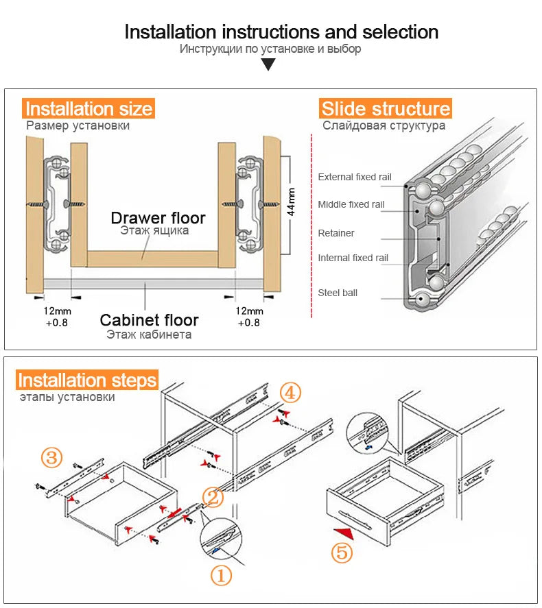 NAIERDI 10"-22" Stainless Steel Cabinet Slides Soft Close Three-Section Drawer Rails Drawer Slides Buffer Damper Rails Hardware
