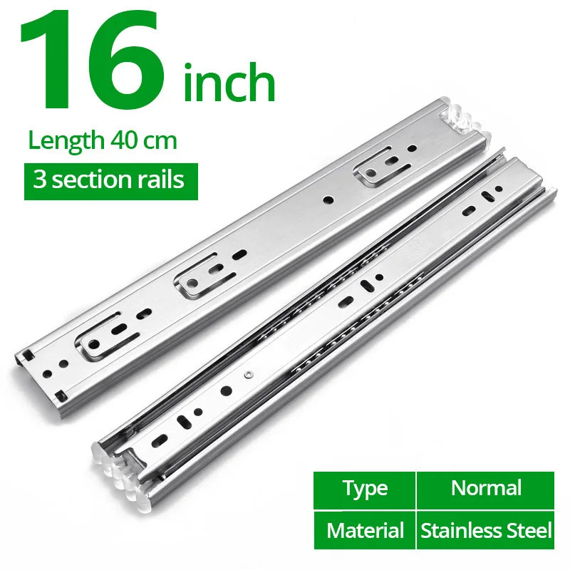 NAIERDI 10"-22" Stainless Steel Cabinet Slides Soft Close Three-Section Drawer Rails Drawer Slides Buffer Damper Rails Hardware