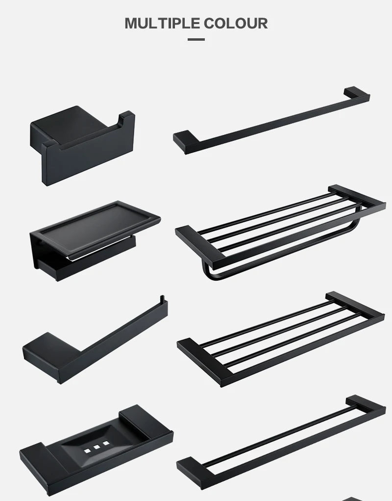 Bathroom Accessories Hardware Set Matte Black SUS304 Stainless Steel Paper Holder Toothbrush Holder Towel Bar Bath Shelves