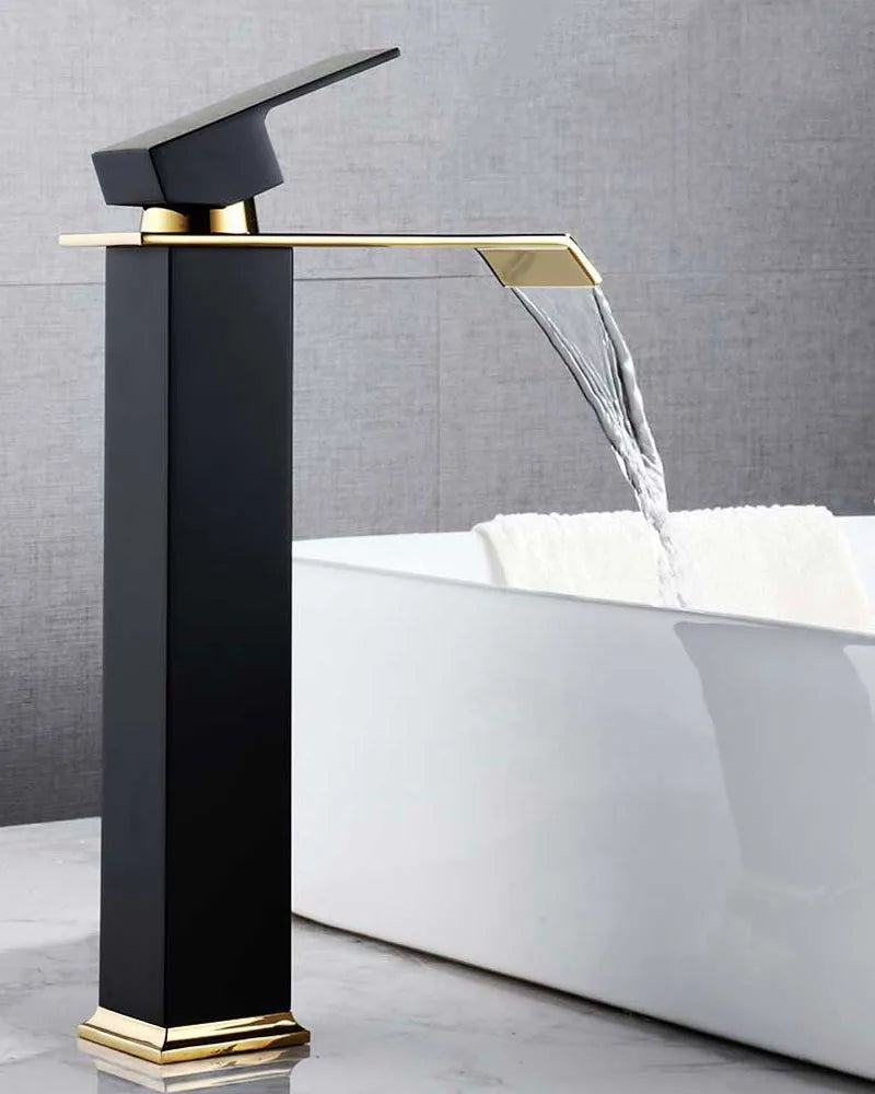 Waterfall Basin Faucet Deck Mounted Bathroom Sink Tap Black Gold Cold and Hot Water Mixer Tap Vanity Vessel Sink Brass Faucets