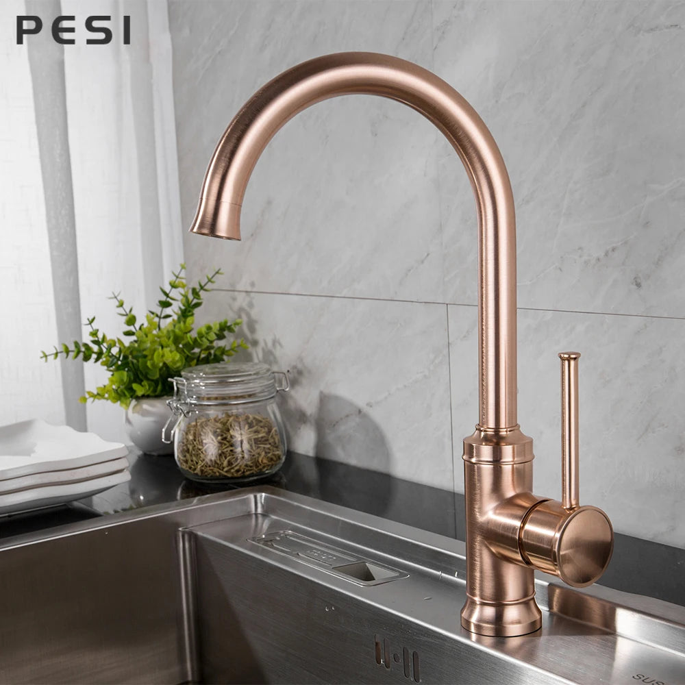 Brushed Rose Gold Kitchen Sink Water Tap Deck Mounted Mixer Stream Sprayer Head Hot Cold Taps 360 Rotation Spout Faucet.