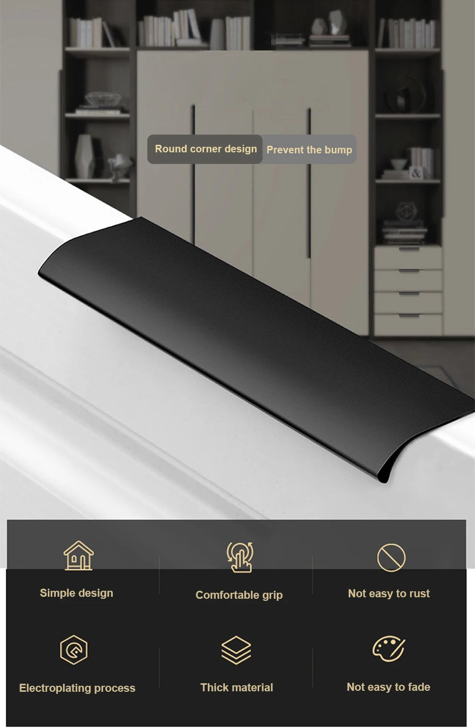 Hidden Furniture Drawer Handles Kitchen Cabinet Door Black Handle Aluminum Alloy Modern Style Finger Edge Wardrobe Pulls