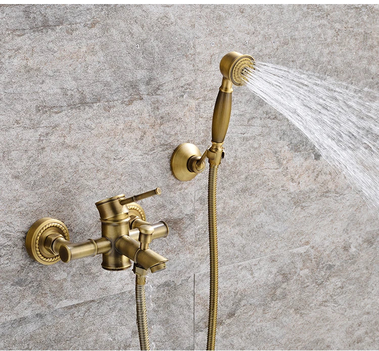 Bathroom Bamboo Bath Shower Faucets Set Bathtub Faucet Water Mixer Crane Tap Antique Bronze Finished with Hand Shower EL740