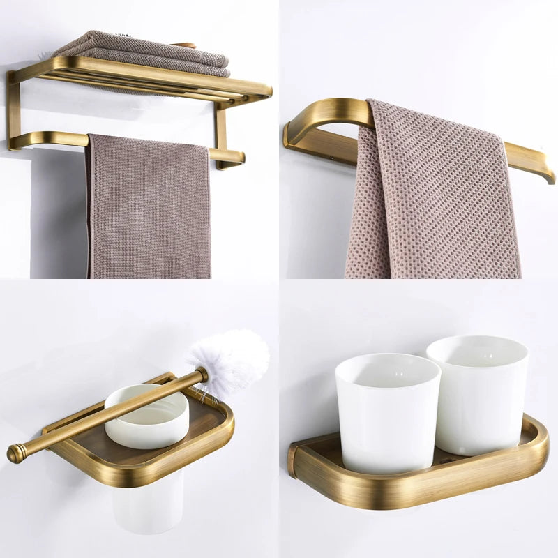 Soild brass antique bathroom accessories set towel bar shelf hook toilet paper rack brush holder mirror banheiro hardware