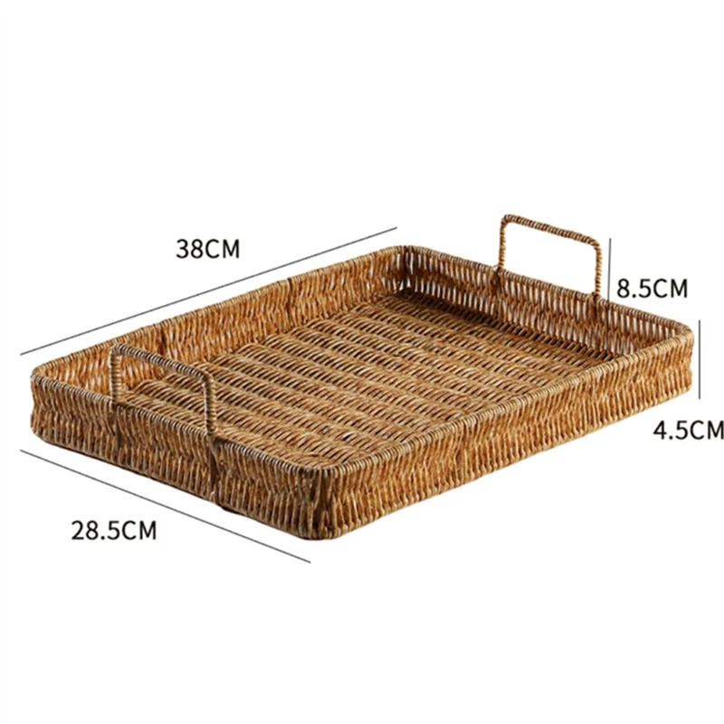 Plastic Storage Tray With Handle Imitation Rattan Weaving Basket Sundries Plate Fruit Platter Tea Tray Dinner Serving Tray