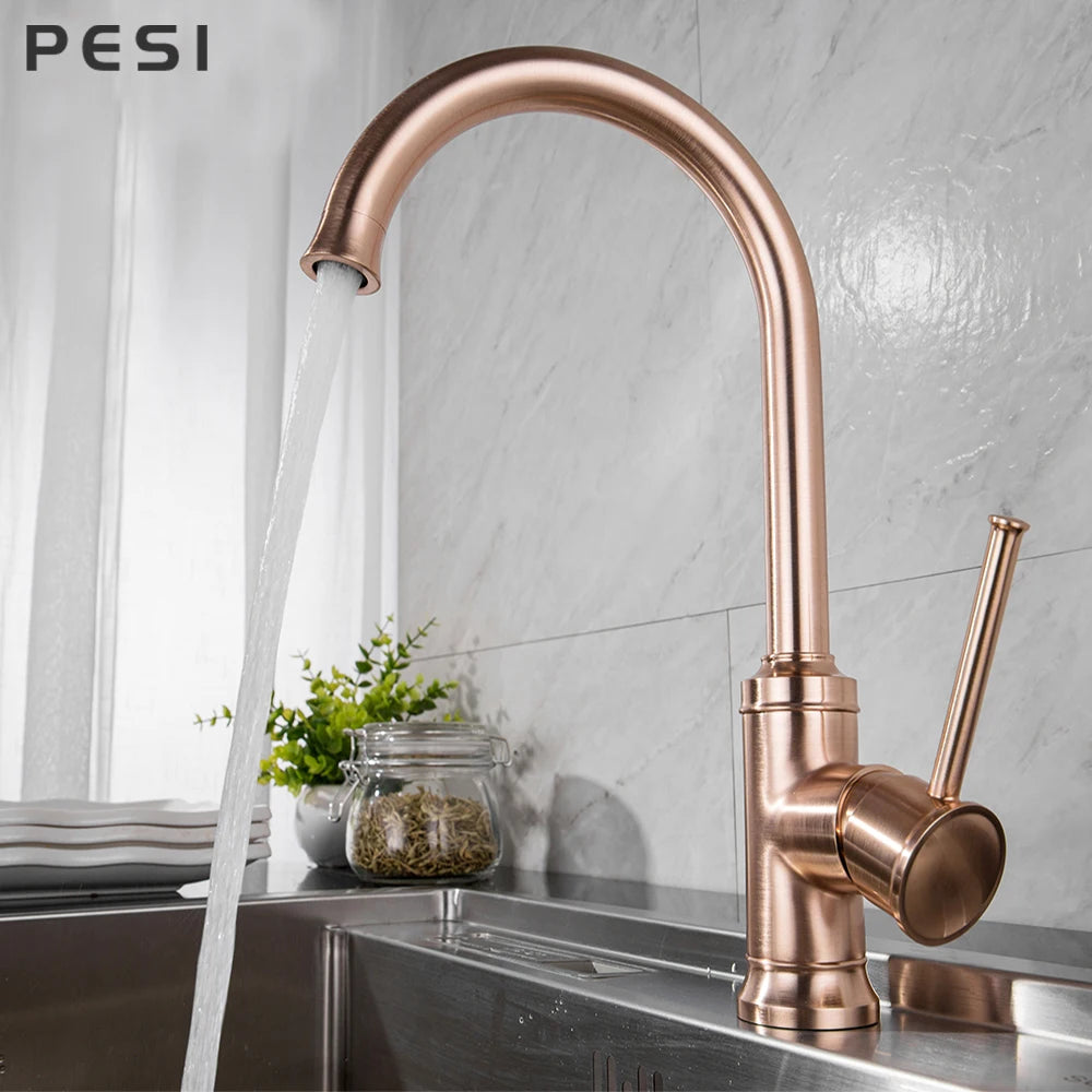 Brushed Rose Gold Kitchen Sink Water Tap Deck Mounted Mixer Stream Sprayer Head Hot Cold Taps 360 Rotation Spout Faucet.