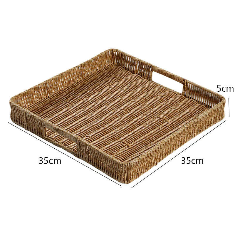 Plastic Storage Tray With Handle Imitation Rattan Weaving Basket Sundries Plate Fruit Platter Tea Tray Dinner Serving Tray