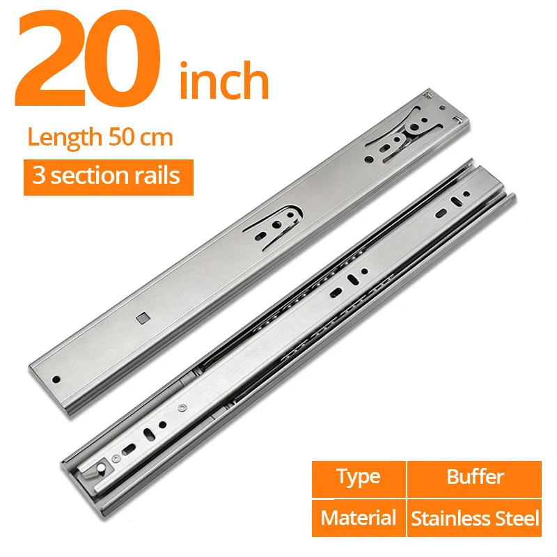 NAIERDI 10"-22" Stainless Steel Cabinet Slides Soft Close Three-Section Drawer Rails Drawer Slides Buffer Damper Rails Hardware