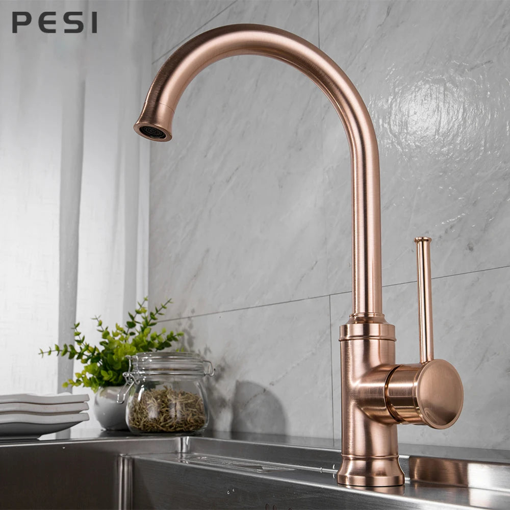Brushed Rose Gold Kitchen Sink Water Tap Deck Mounted Mixer Stream Sprayer Head Hot Cold Taps 360 Rotation Spout Faucet.
