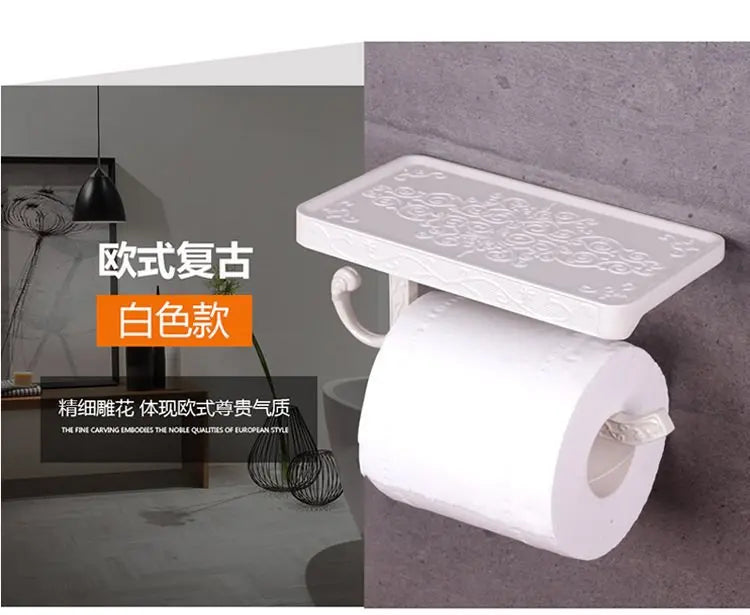 Bathroom Hardware Set  White Paper Mobile Phone Holder Space Aluminum Antique Roll Holder with Shelf Toilet Paper Box Wall Mount