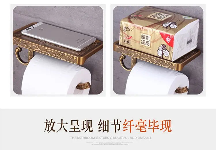 Bathroom Hardware Set  White Paper Mobile Phone Holder Space Aluminum Antique Roll Holder with Shelf Toilet Paper Box Wall Mount