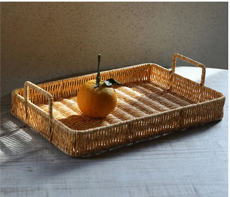 Plastic Storage Tray With Handle Imitation Rattan Weaving Basket Sundries Plate Fruit Platter Tea Tray Dinner Serving Tray
