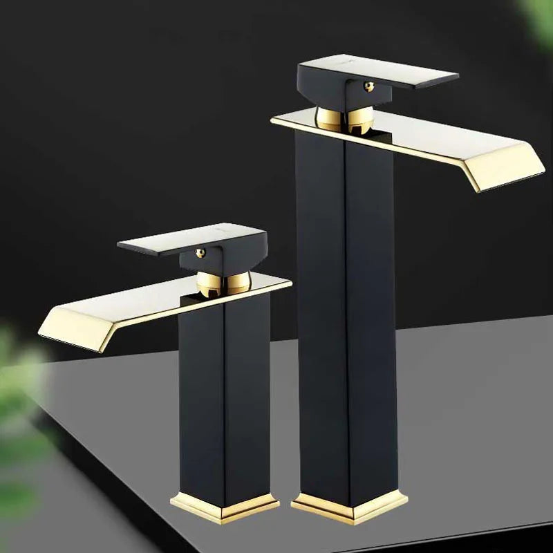 Waterfall Basin Faucet Deck Mounted Bathroom Sink Tap Black Gold Cold and Hot Water Mixer Tap Vanity Vessel Sink Brass Faucets