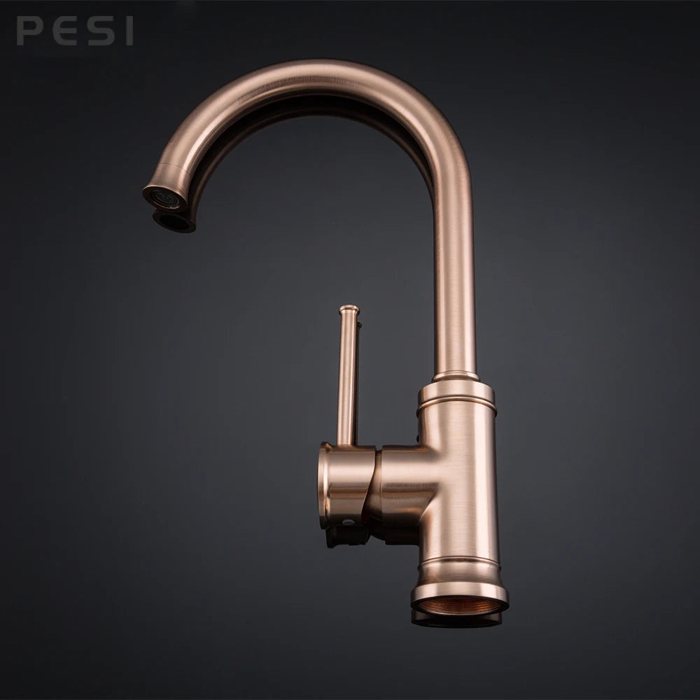 Brushed Rose Gold Kitchen Sink Water Tap Deck Mounted Mixer Stream Sprayer Head Hot Cold Taps 360 Rotation Spout Faucet.
