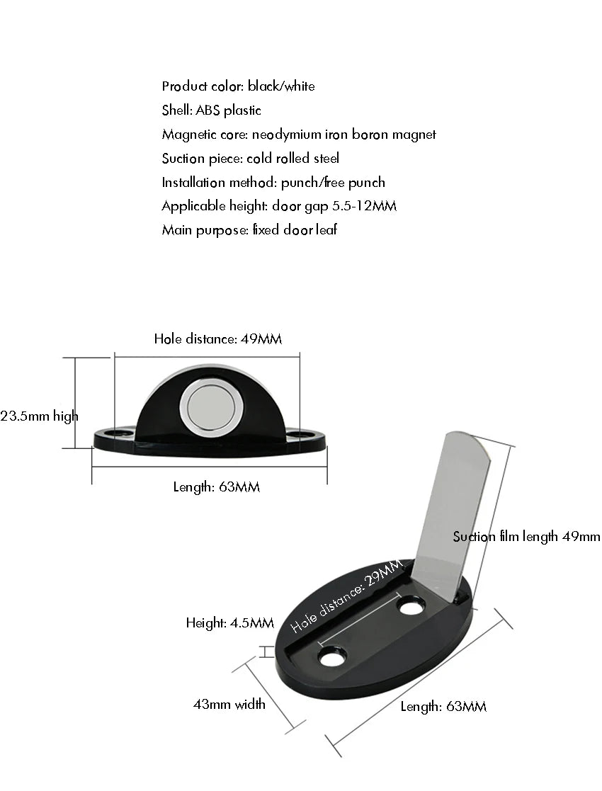 Door Stopper, Magnetic Door Stop White, Black Plastic Door Catch, Self Adhesive & Drilling Door Holder for Bedroom Bathroom