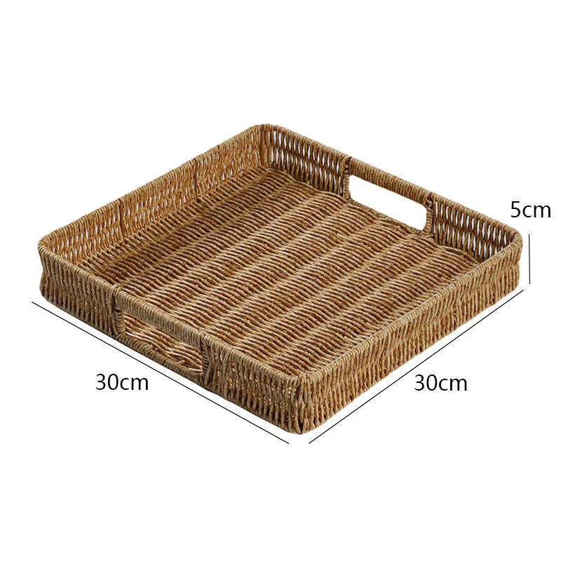 Plastic Storage Tray With Handle Imitation Rattan Weaving Basket Sundries Plate Fruit Platter Tea Tray Dinner Serving Tray