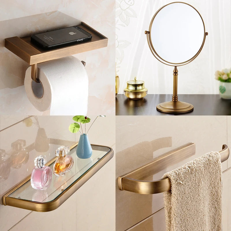 Soild brass antique bathroom accessories set towel bar shelf hook toilet paper rack brush holder mirror banheiro hardware