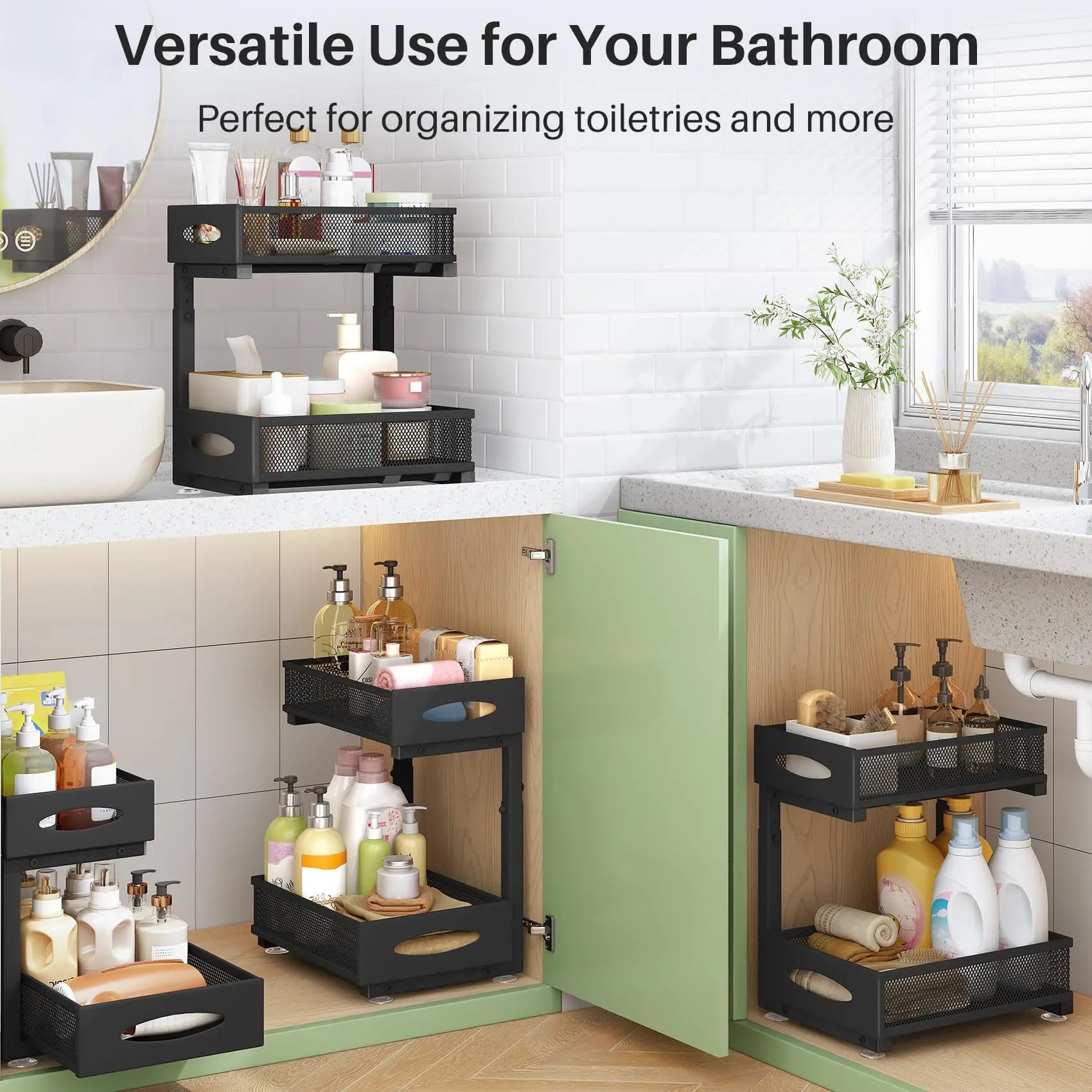 1 Pcs Under Sink Organizer, 2 Tier Pull out Cabinet Organizer Baskets with Mesh Sliding Drawers, Kitchen Slide out Storage Shelf