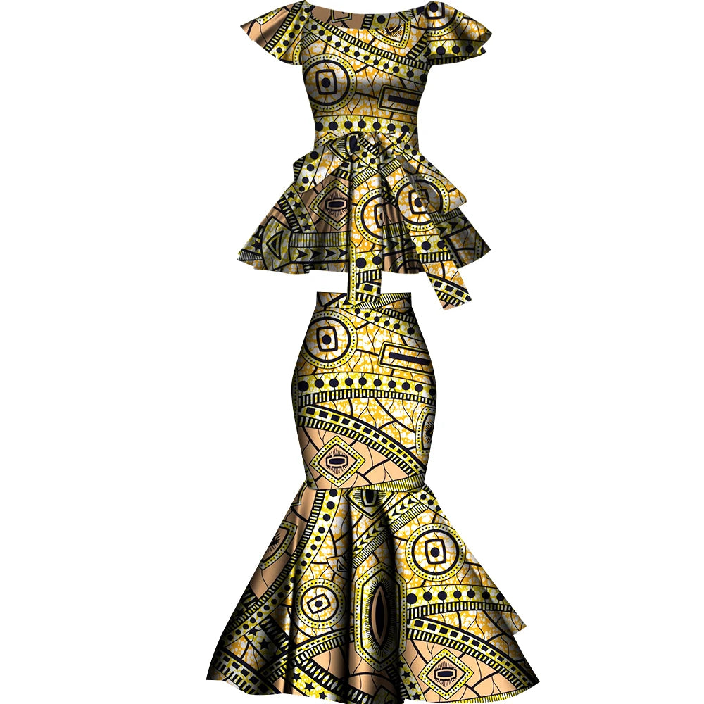 African Two Pcs Set Flared Skirt and Top Dashiki Wax Print Cotton Plus Size Party Clothing WY10076