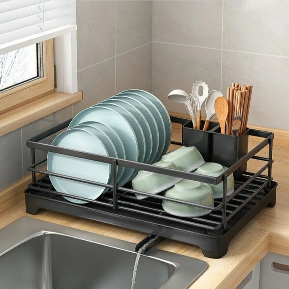 Carbon Steel Kitchen Storage Rack Drainer Tray Stable Dish Drying Rack Ventilation Space-saving Plates Organizer with Drainboard