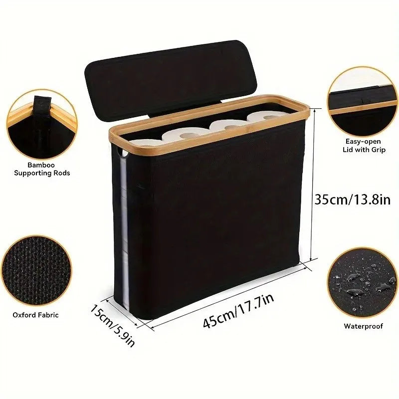 Bamboo Toilet Paper Holder with Storage Basket, Collapsible Storage Basket Bathroom Organizer Paper Towel Storage Bohemian Style
