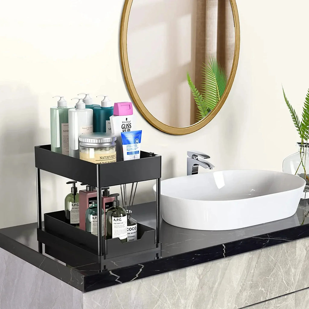 Under Sink Organizer and Storage, Kitchen Organization Rack with Double Sliding Cabinet Drawers, Multi-Purpose Storage Shelf Hol