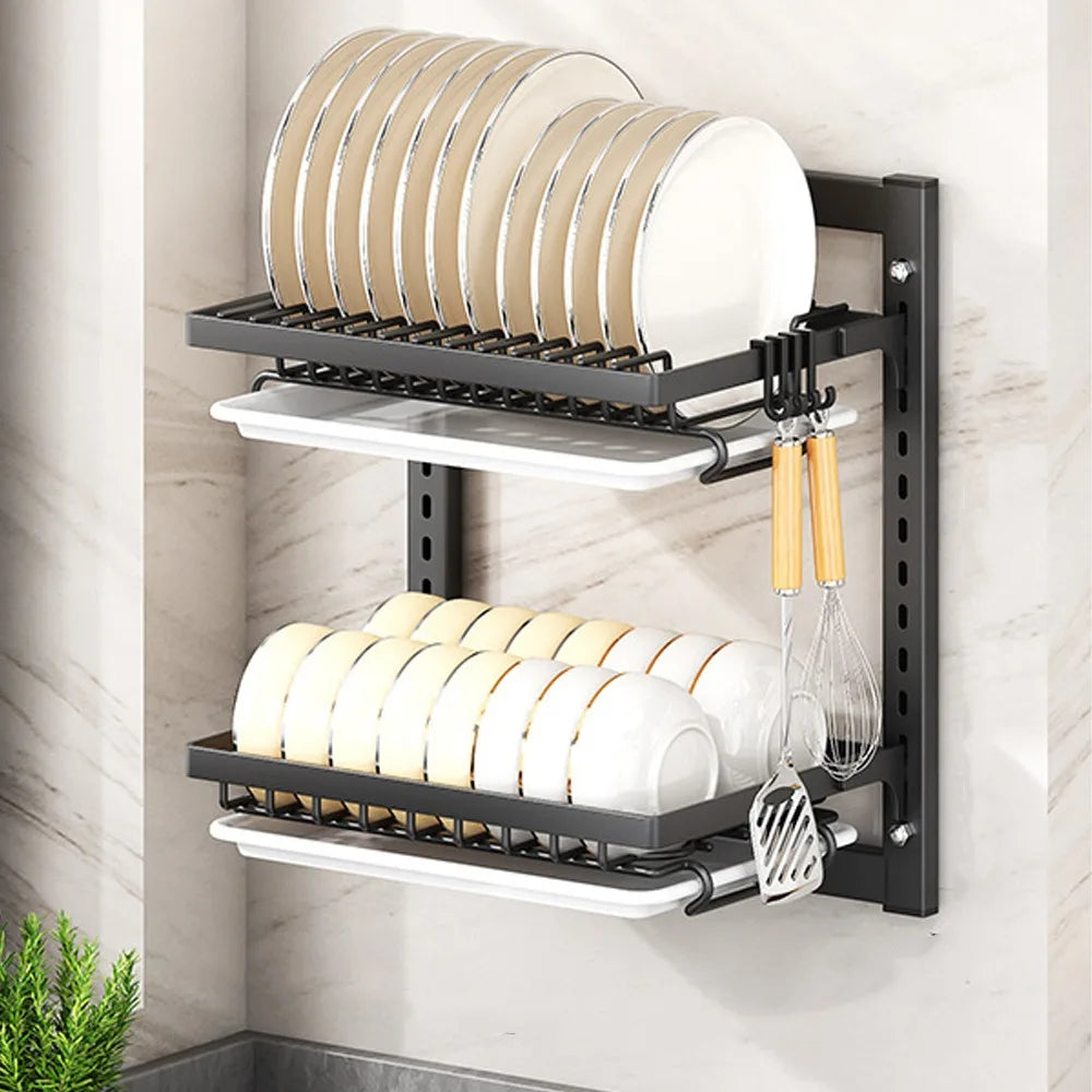 Wall Mounted Dish Drying Rack 2 Layer Rust-Proof Kitchen Storage Rack Compact Large Capacity Drain Tray Household