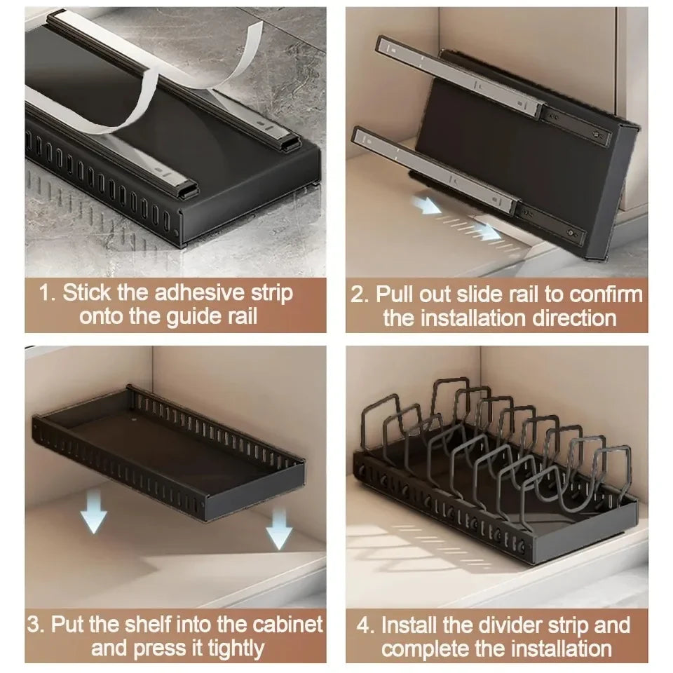 Kitchen Pull-Out Pot Rack Adjustable Cupboard Trays Dishes Partition Shelf with Slide Rails Organizer Tray Drawer Storage Racks