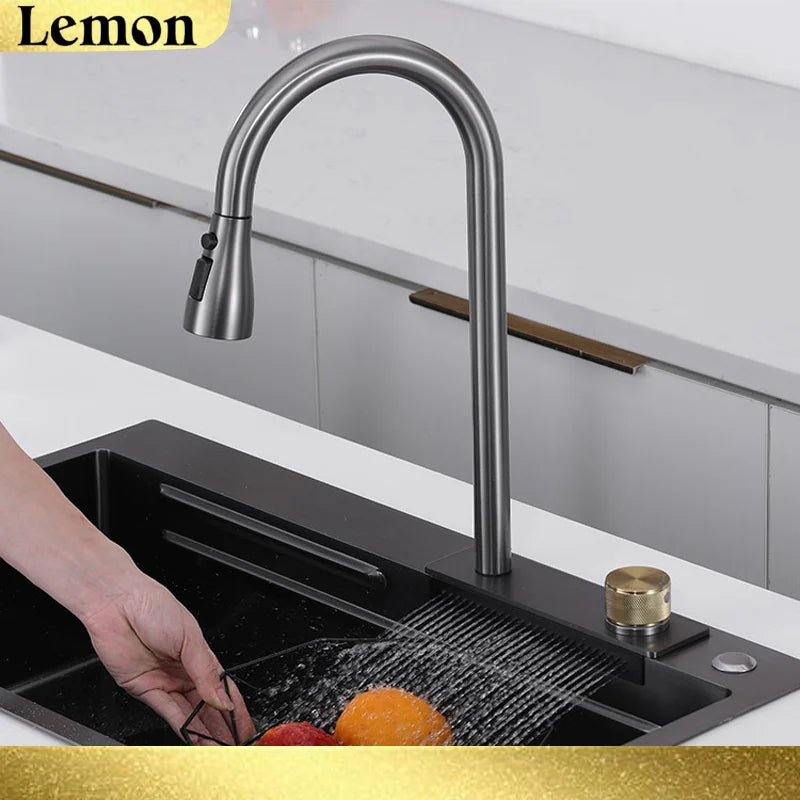Waterfall Sink Pull Type Kitchen Faucet Hot Cold Mixer Vegetable Wash Tap Basin Multiple Water Outlets Rotation Flying Rain Tap