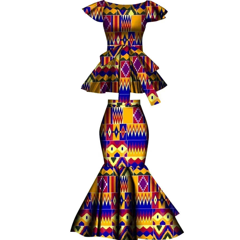 African Two Pcs Set Flared Skirt and Top Dashiki Wax Print Cotton Plus Size Party Clothing WY10076