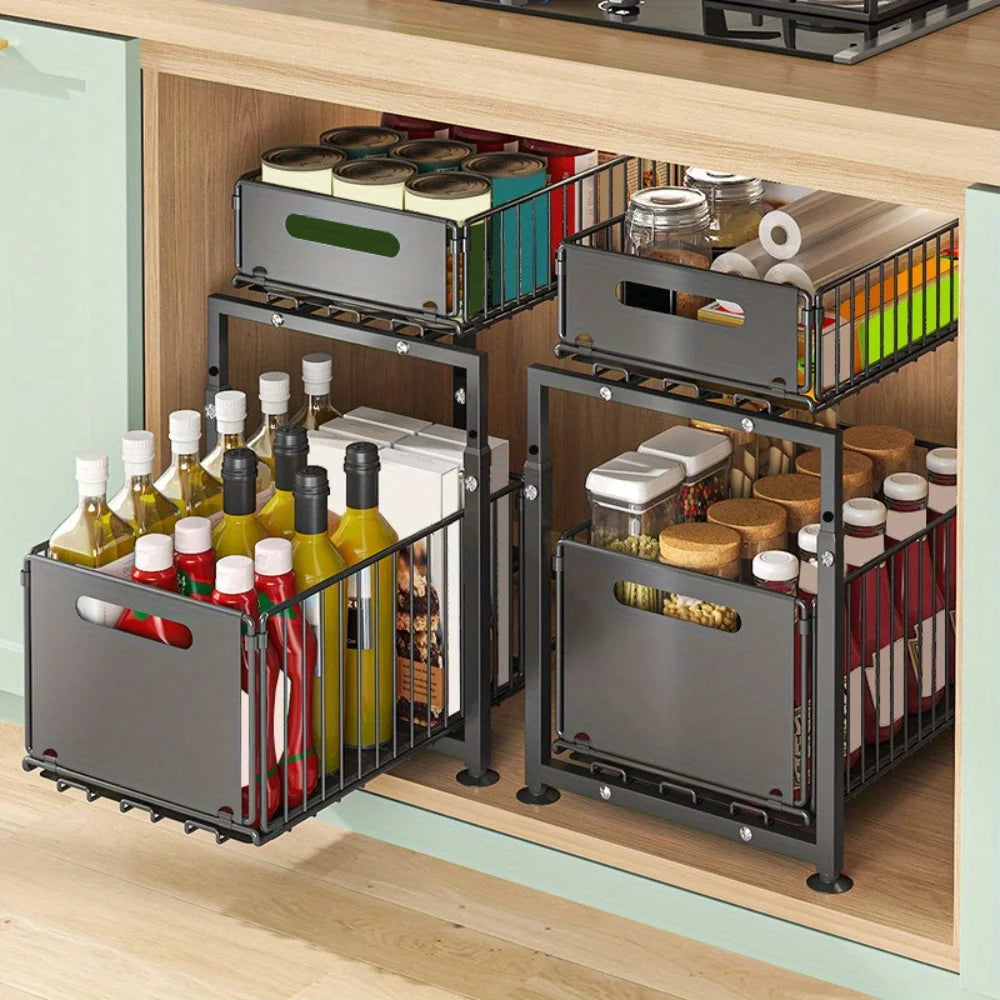 Adjustable Under-Sink Organizer - Pull-Out Spice Rack & Storage Basket | Customizable Cabinet Shelf System