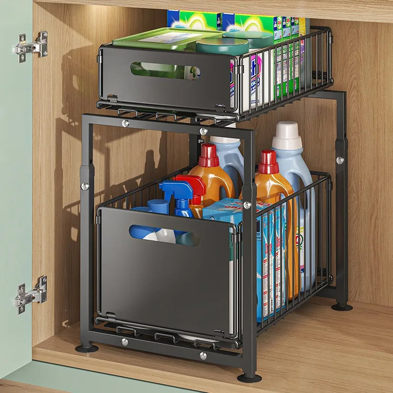 Kitchen Sink Storage Rack Pull-Out Basket Double Layer Spice Snack Bottle Can Organizer Cabinet Multi-level Shelf Under Cabinet