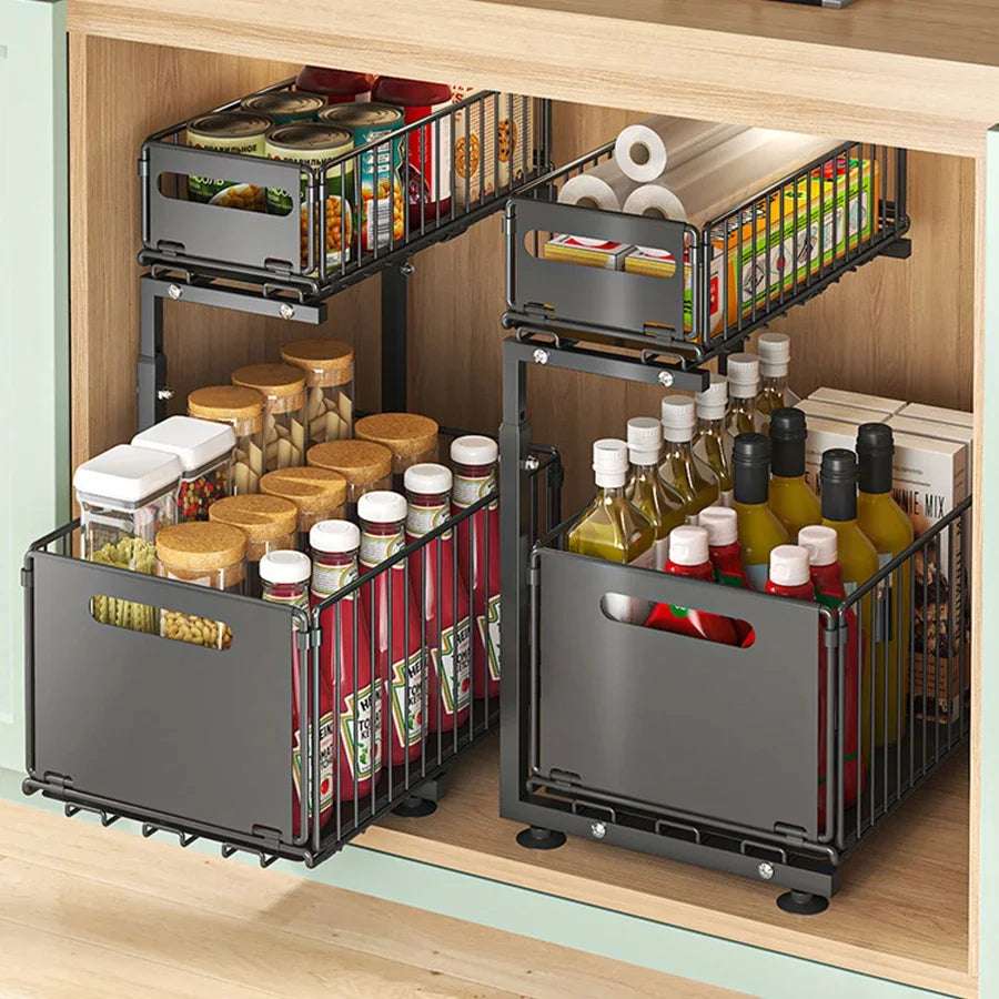 Pull-Out Under Sink Organizer, 2-Tier Adjustable Height Sliding Shelf for Kitchen/Bathroom Cabinet Storage, Black & White