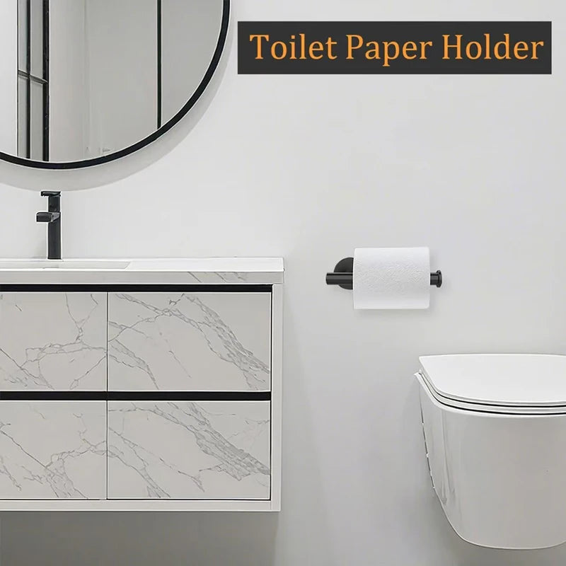 3-Piece Bathroom Hardware Set Wall-Mounted Toilet Paper Holder 2 Towel Hooks Modern Black Bath Accessories Christmas Decor Gift