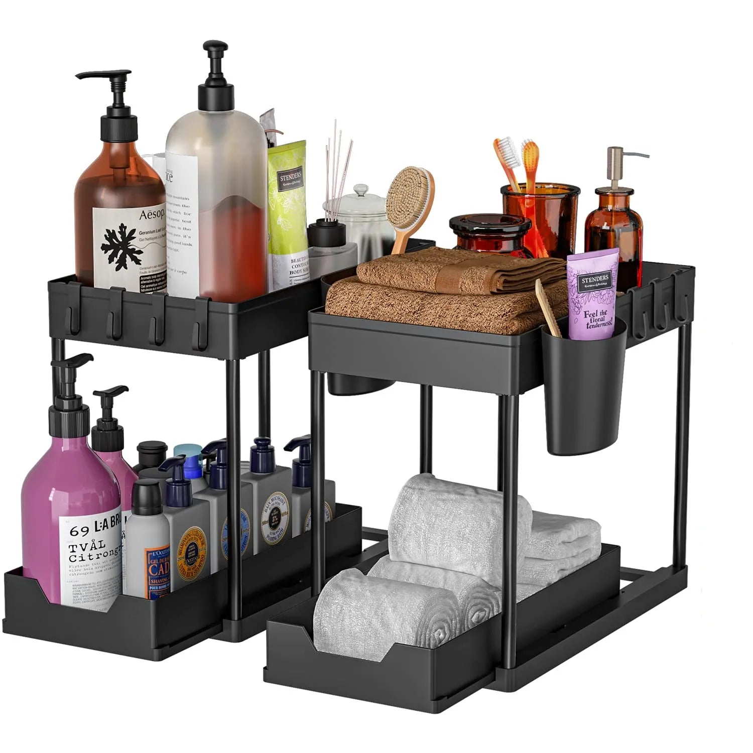 Under Sink Organizer and Storage, Kitchen Organization Rack with Double Sliding Cabinet Drawers, Multi-Purpose Storage Shelf Hol