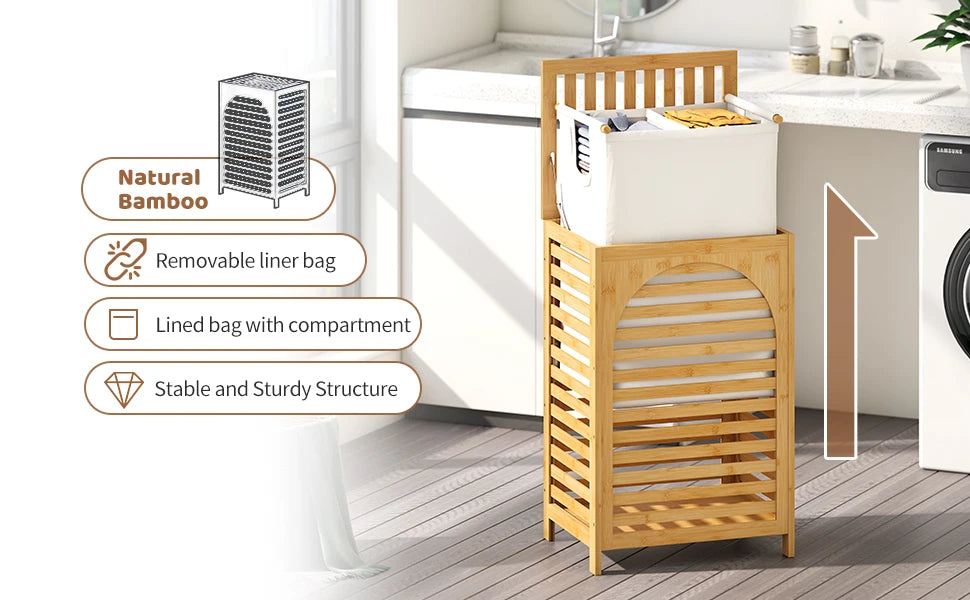 Large Bamboo Laundry Hamper with Lid 85L Clothes Basket Removable Bag Storage for Bathroom Natural