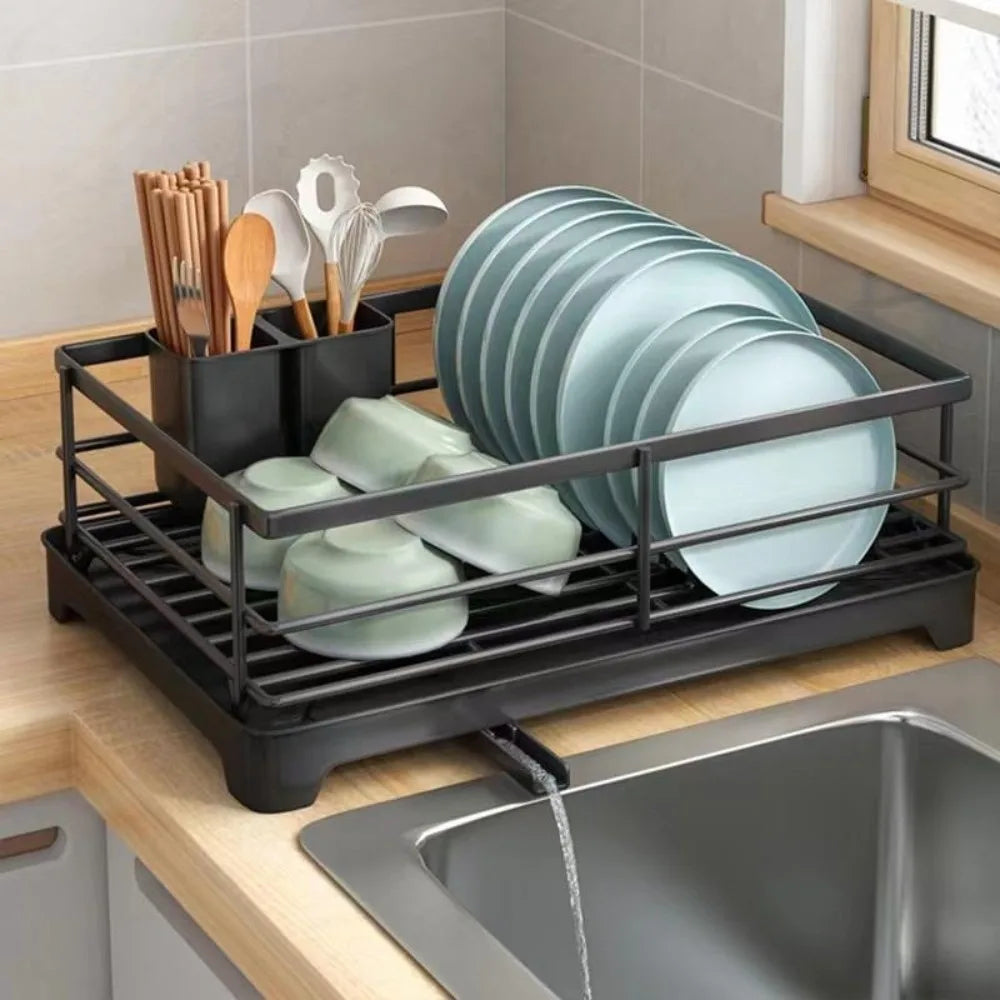 Carbon Steel Kitchen Storage Rack Drainer Tray Stable Dish Drying Rack Ventilation Space-saving Plates Organizer with Drainboard