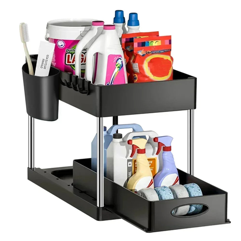 2 Tier Under Sink Organizer Sliding Cabinet  Organizer Storage Rack with Hooks Hanging Cup Bathroom Kitchen Organizer