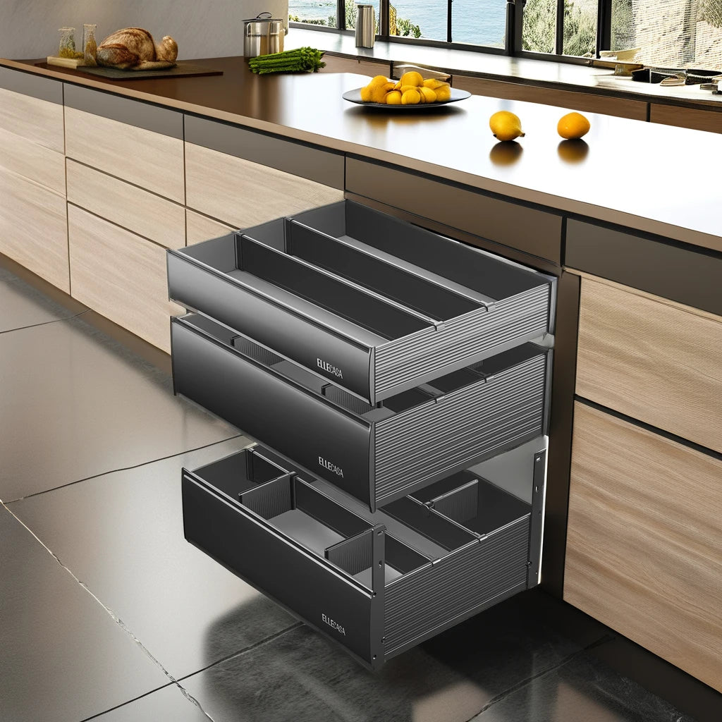 Elba 3-Layer Premium Stainless Steel Pull-Out Spice Rack Durable Basket Drawers for Efficient Cabinet Storage Solution