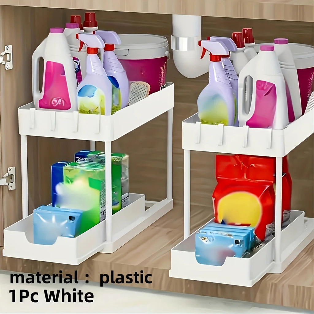 Under Sink Organizer, 2 Tier Sliding Cabinet Storage Basket with Hooks, Purpose Bathroom & Kitchen Organizer Shelf for Bathroom