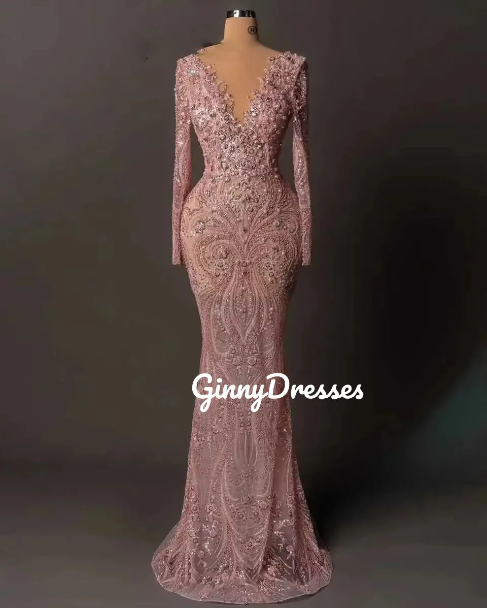 Dubai Customize Luxury Evening Dresses Mermaid V-Neck Floor-Length Wedding Party Dress Lace Long Sleeves Dresses For Special Eve