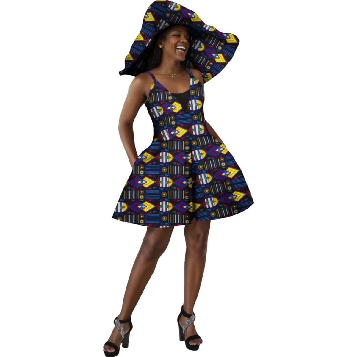Women Summer Dress African Print Jumpsuit Sexy Sleeveless V-neck Short Pant with Hat Fashion African Clothes Lady Attire WY8844