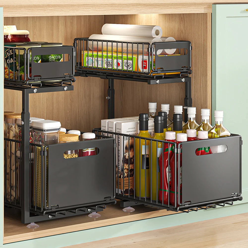 2-Tier Pull Out Cabinet Organizer Drawer Height Adjustable Kitchen Rack for Cabinet Under Sink Organizer Spice Jar Storage Shelf