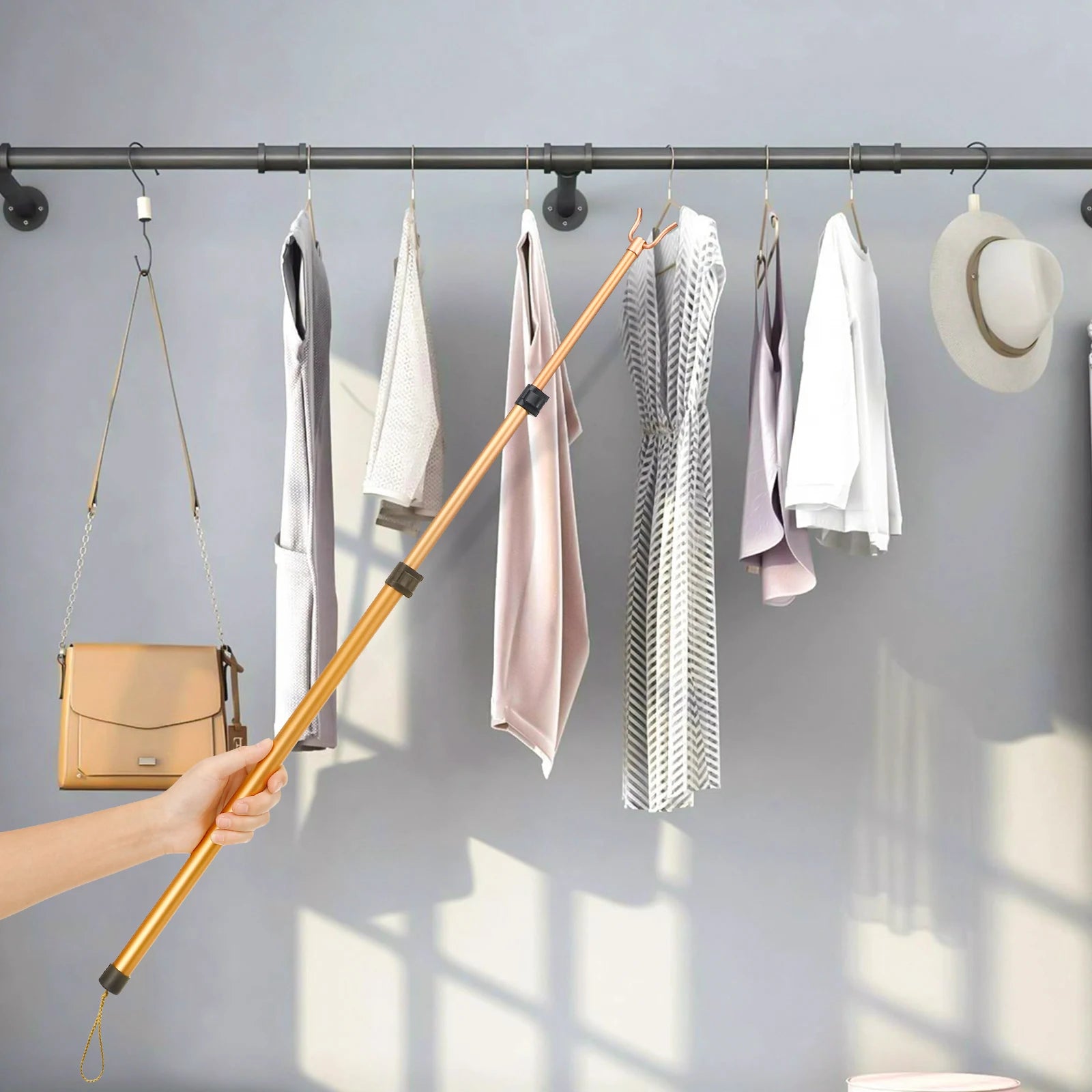 Pole Closet Hook Clothes Reach Stick Rod Retractable Reacher Hanger Garment Drying Clothing Poles Telescoping Hanging Closet Rod