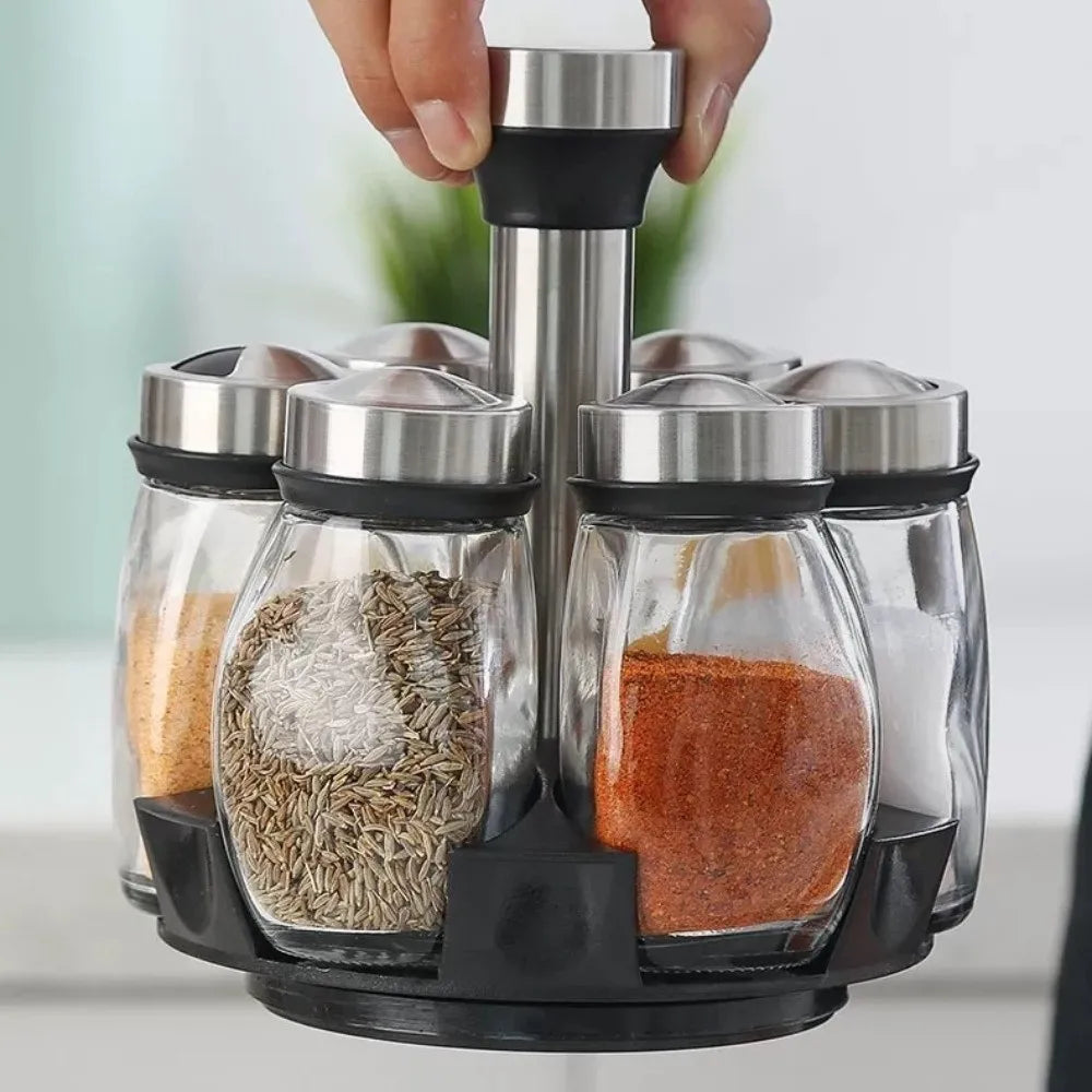 6 Bottles Rotatable Spice Rack Space-Saving Food Grade Seasoning Rack Dust-proof Moisture-proof Condiment Organizer Kitchen Use