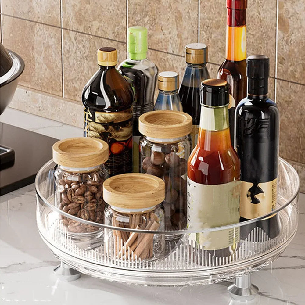360°Rotating Rotating Spice Rack Clear Plastic Round Storage Tray Non-slip Base Space Saving Kitchen Storage Rack Countertop Use