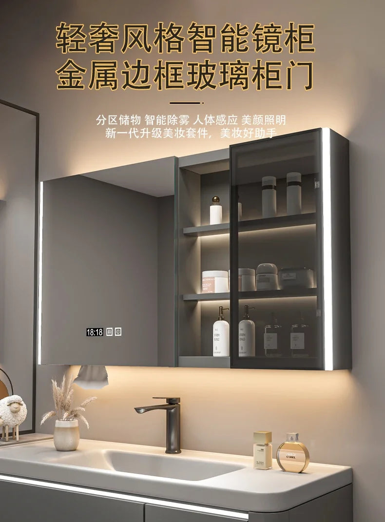 Bathroom Furniture Mirror Cabinet Modern Solid Wood Bathroom Smart with Light Defogging Beauty Mirror with Storage Locker