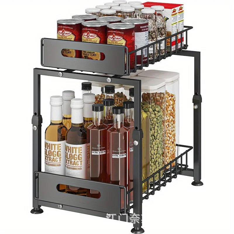 Pull-Out Cabinet Organizer - Adjustable Storage Shelf for Spices, Dishes & Kitchen Essentials | Multi-Purpose Drawer Rack