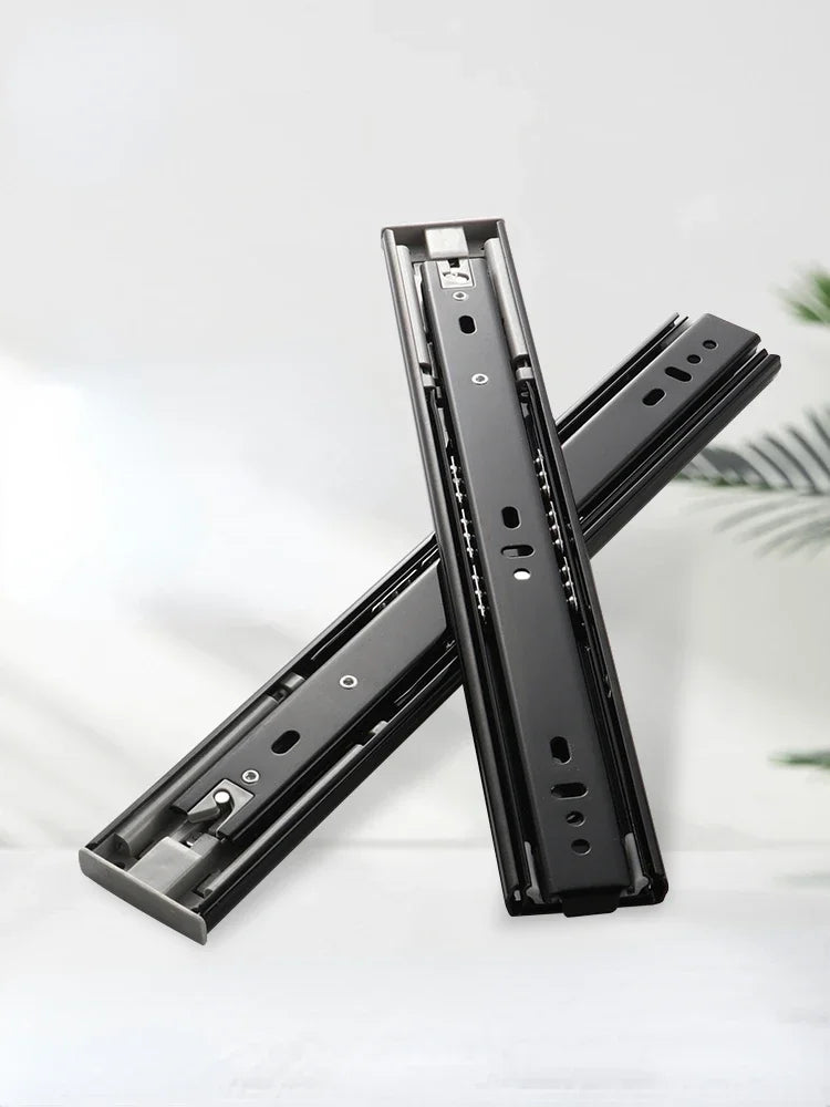 Heavy-Duty Soft-Close Drawer Slides - Automatic Three-Section Black Drawer Glide Tracks with Silent Rebound Mechanism