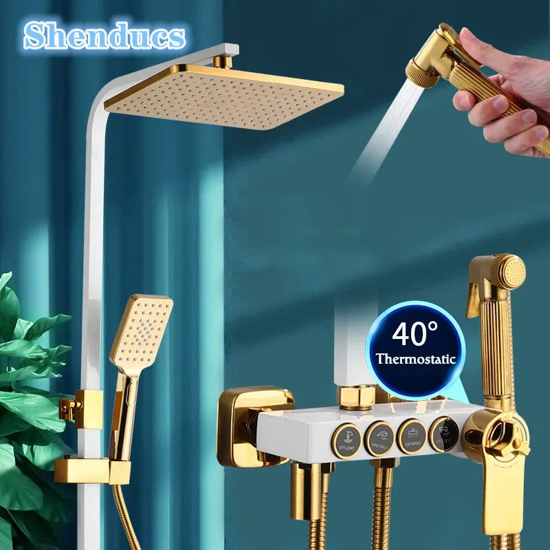 Thermostatic Bathroom Shower Set White Gold Bathroom Faucet Accessories 12 Inch Rain Shower Head Hot Cold Bathroom Shower System